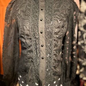 Elegant Black sheer Lace Blouse long sleeve button down goth work date S